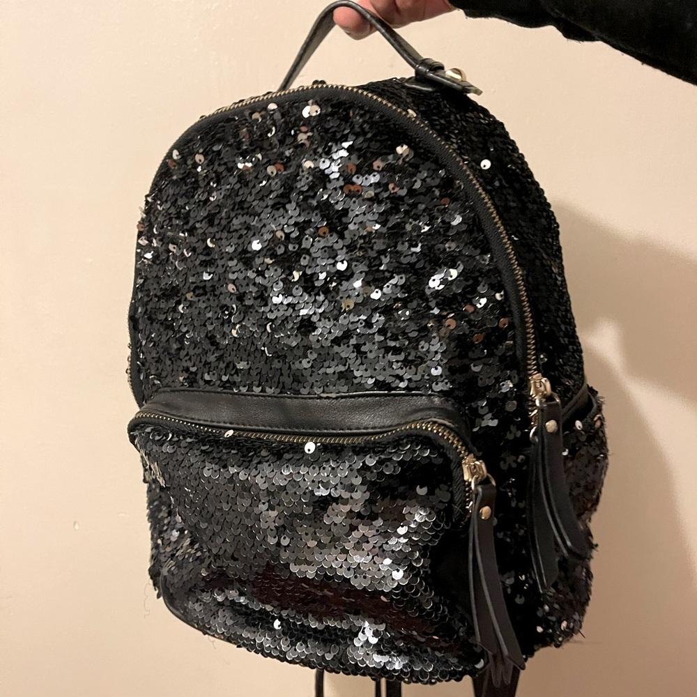 Medium size sequin black backpack has a pocket inside and one outside.